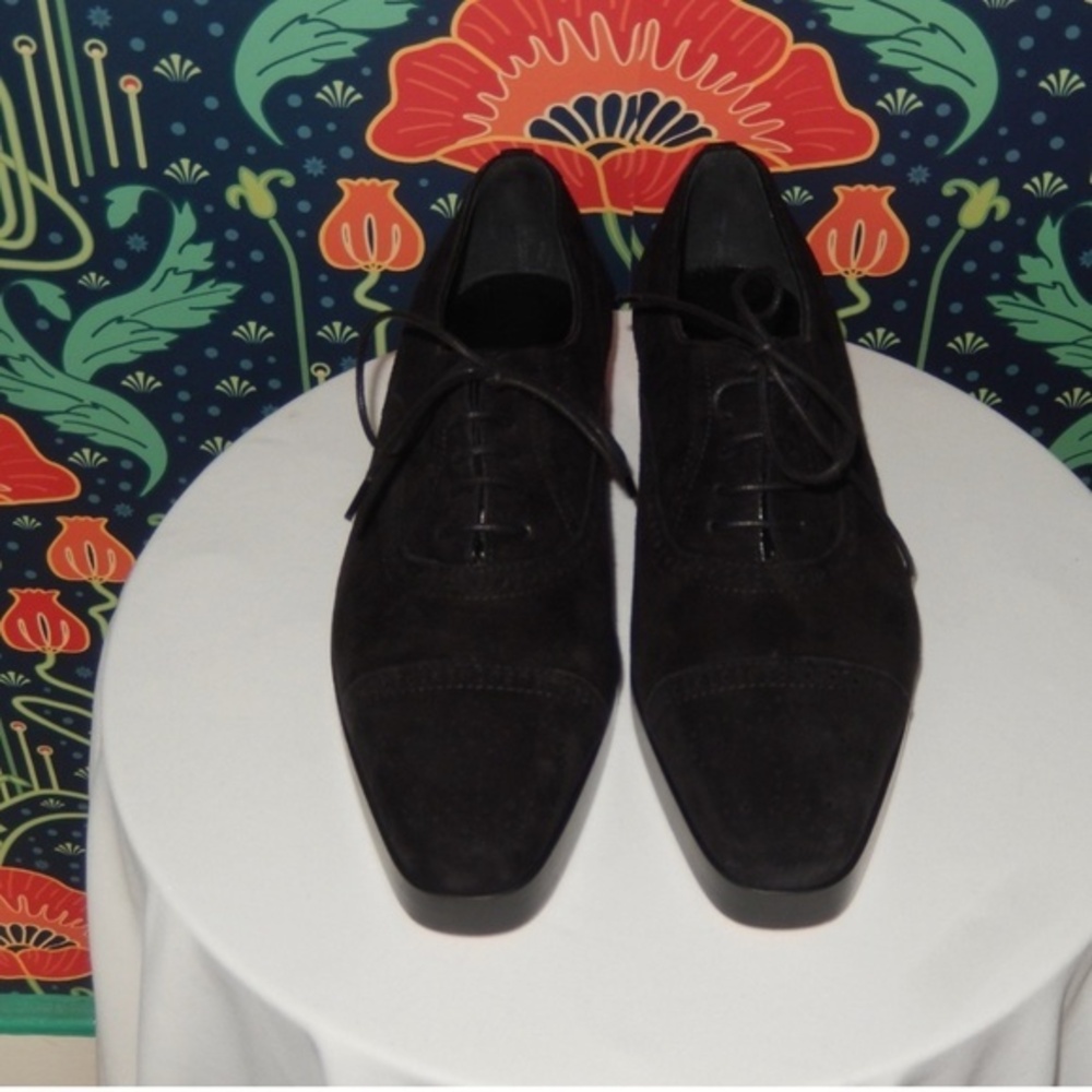 Manolo Blahnik Batio Black Suede Oxfords Flats Lace Up Shoes 36.5